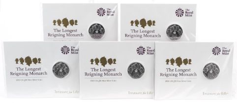 Five Elizabeth II 2015 Longest Reigning Monarch fine silver coins by The Royal Mint