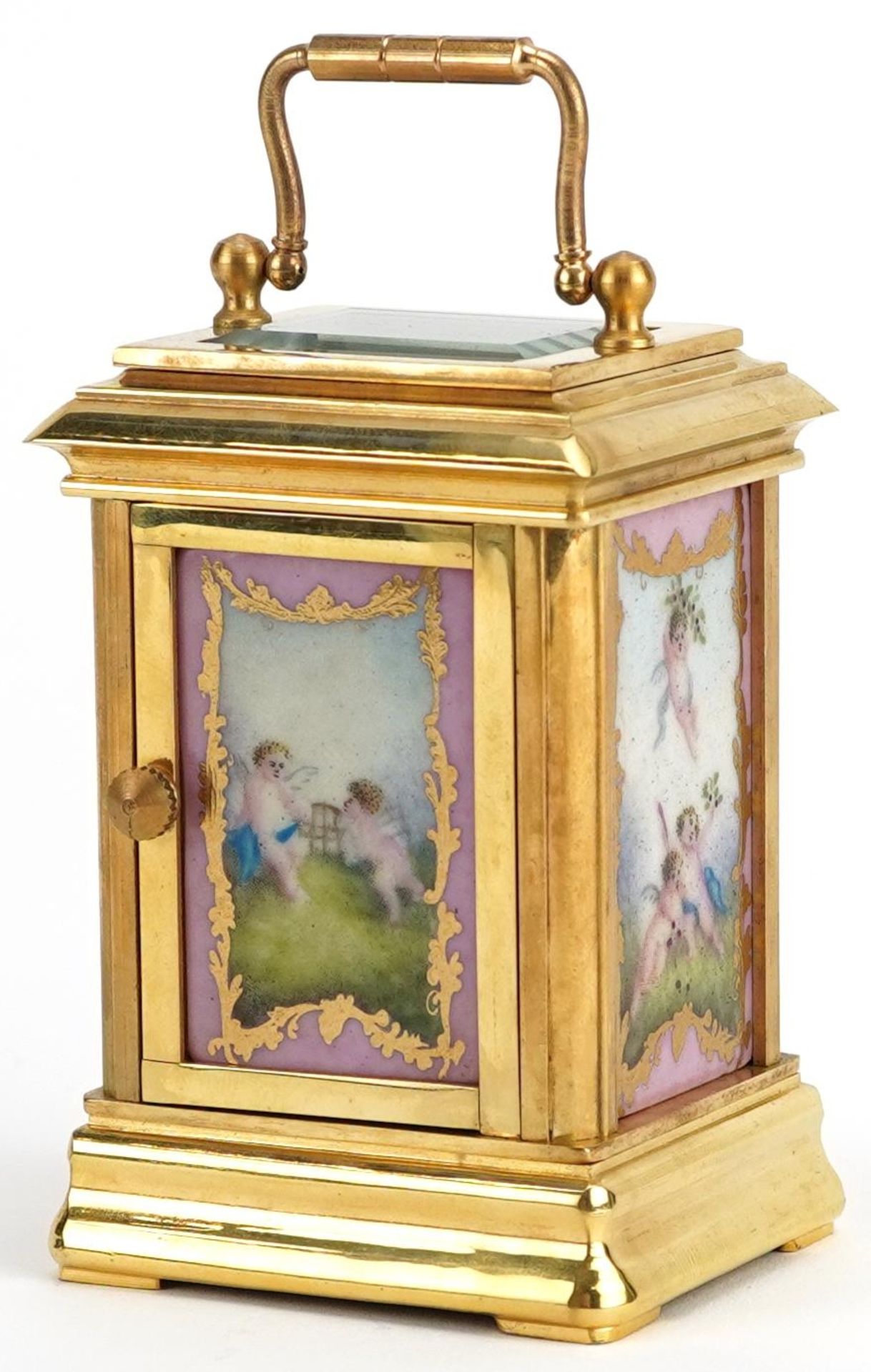 Miniature brass cased carriage clock with swing handle and Sevres style panels hand painted with - Image 2 of 5