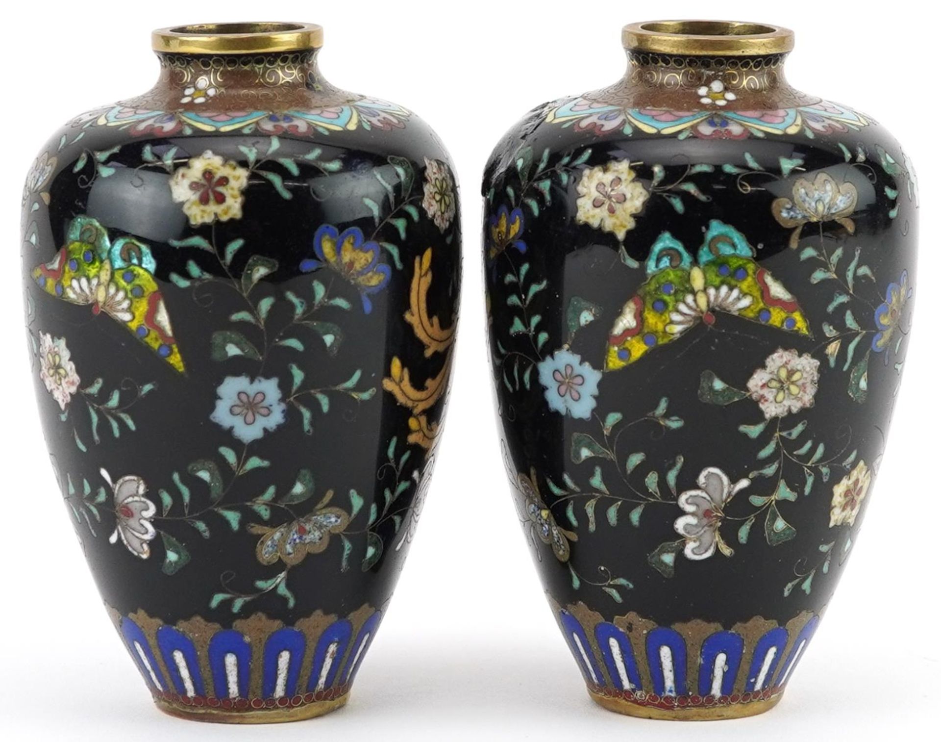Pair of Japanese cloisonne vases, each enamelled with a mythical bird amongst flowers, each 9cm high - Image 3 of 6