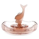 Walther & Sohne, German Art Deco frosted and clear peach glass dolphin three section flower bowl,