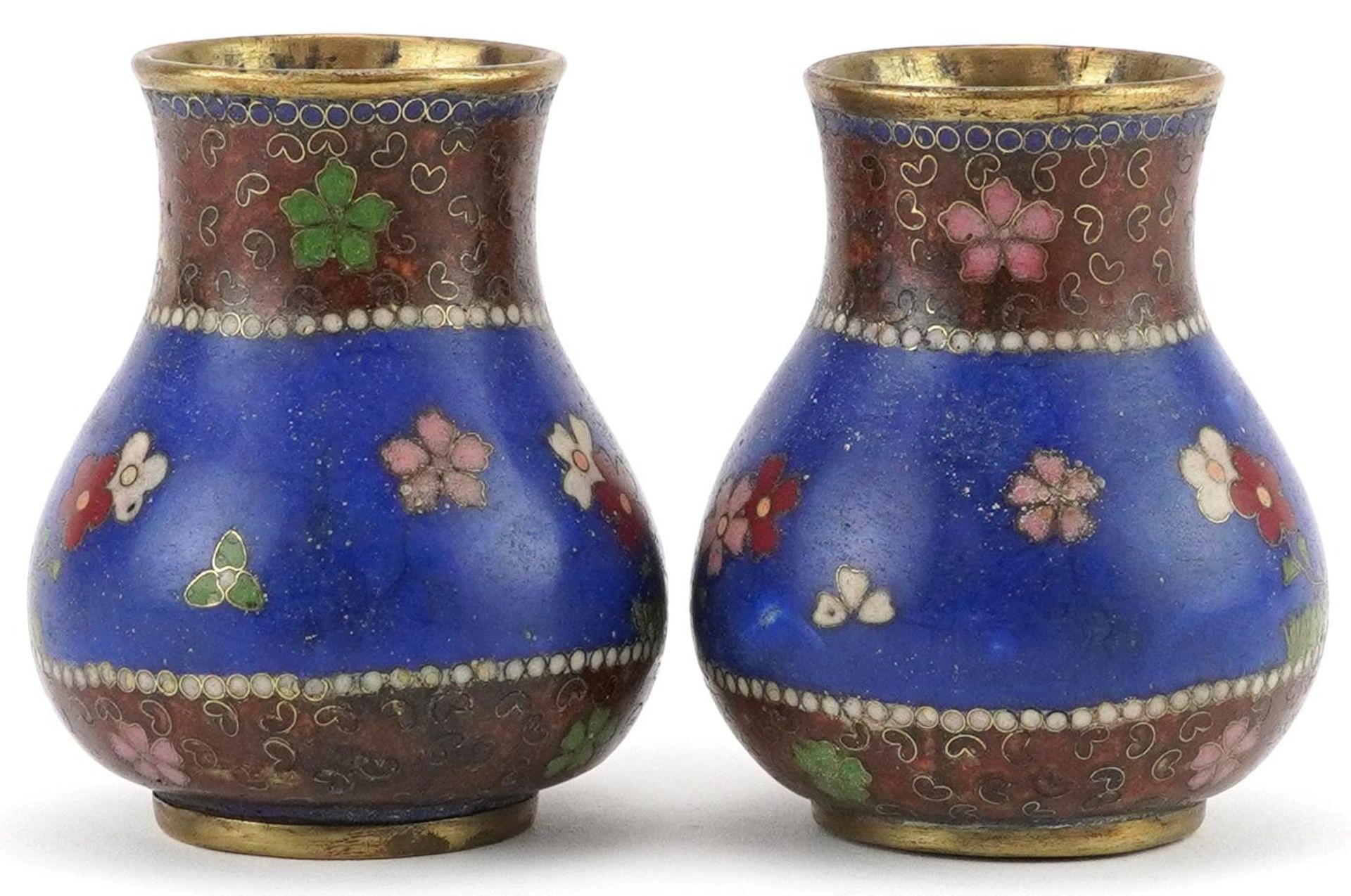 Pair of Japanese cloisonne vases enamelled with flowers, each 7.5cm high - Image 4 of 6