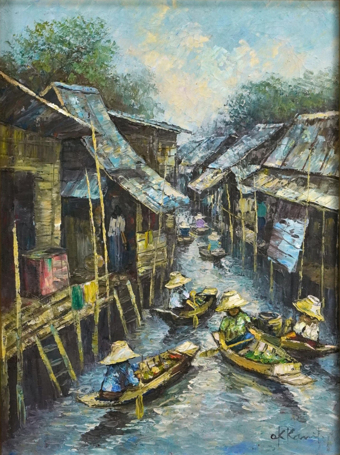 Figures in boats with huts, matched pair of Thai school impressionist oil on canvases, both - Bild 6 aus 9