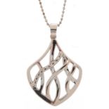 Modernist silver and cubic zirconia openwork pendant on a silver necklace, 3cm high and 46cm in