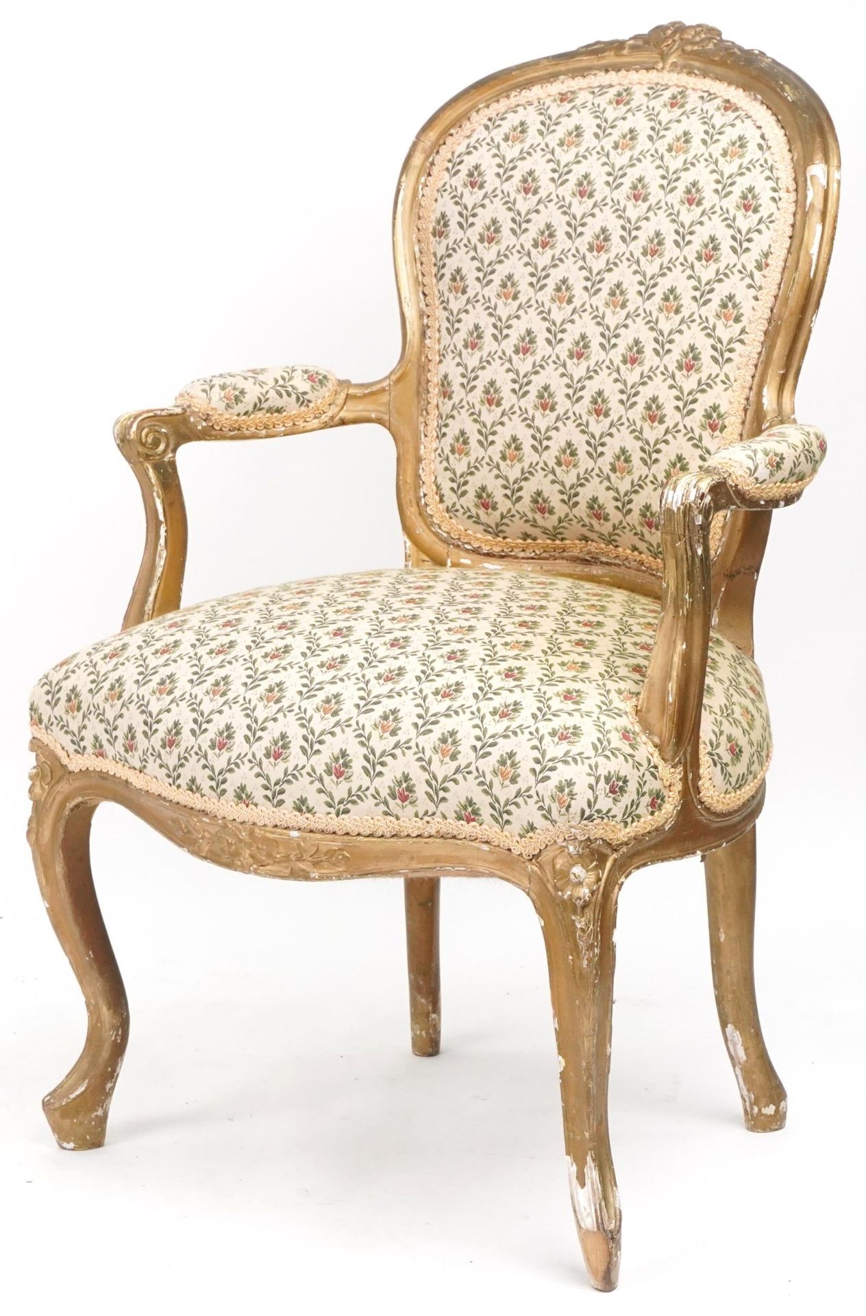 French gilt framed elbow chair with floral upholstery, 99cm high