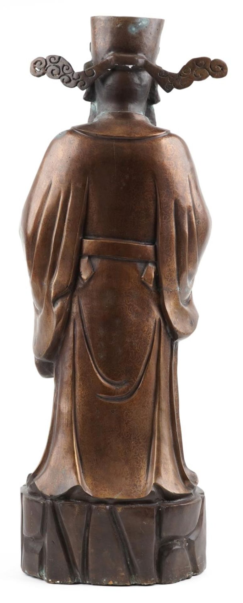 Large Chinese watered bronze figure of a standing emperor holding a ruyi sceptre, 78cm high - Image 5 of 9