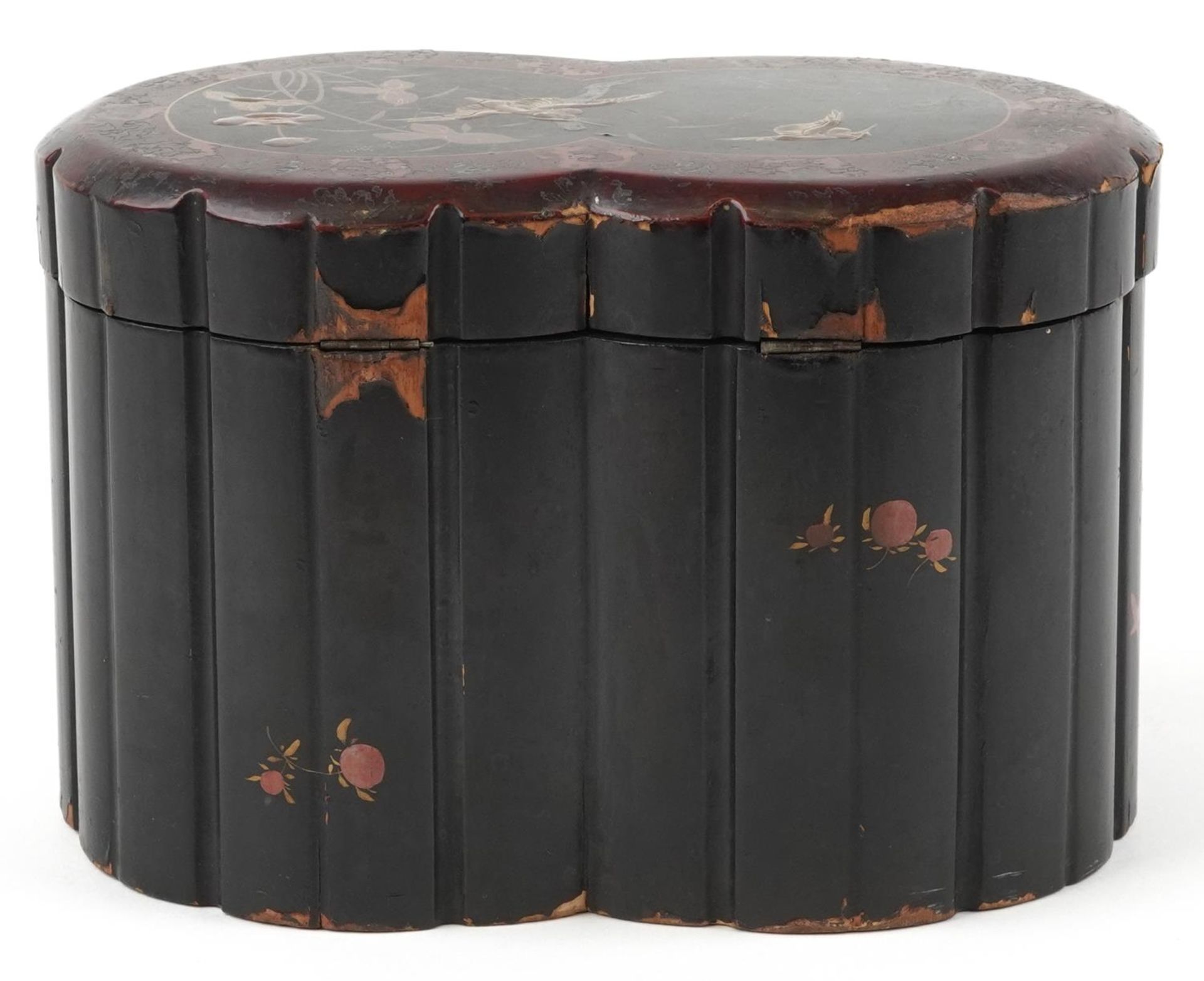 Japanese lacquered tea caddy with twin divisional interior gilded with birds amongst aquatic plants, - Image 6 of 8