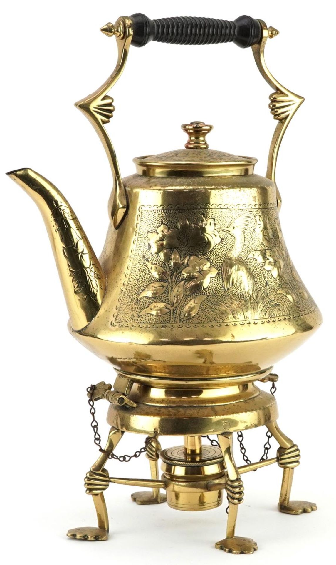 European Secessionist brass teapot on stand with burner, engraved and embossed with birds amongst