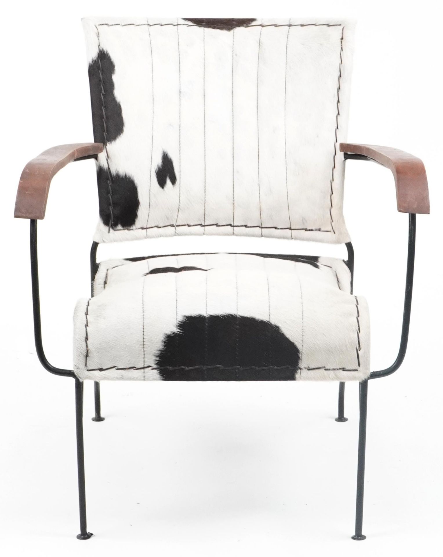 Brutalist style wrought iron and cow hide armchair, 75cm high - Image 2 of 4