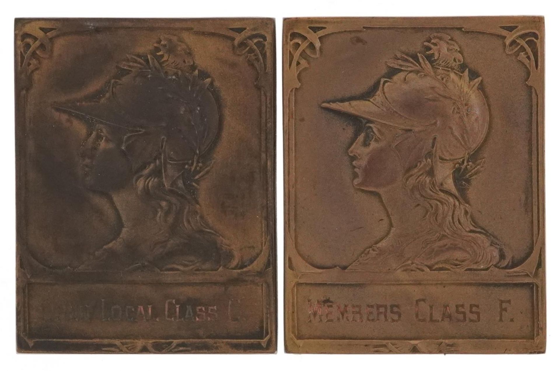 Two Art Nouveau Tunstall Photo Society bronzed medallions including one housed in a J A Restall - Image 2 of 4