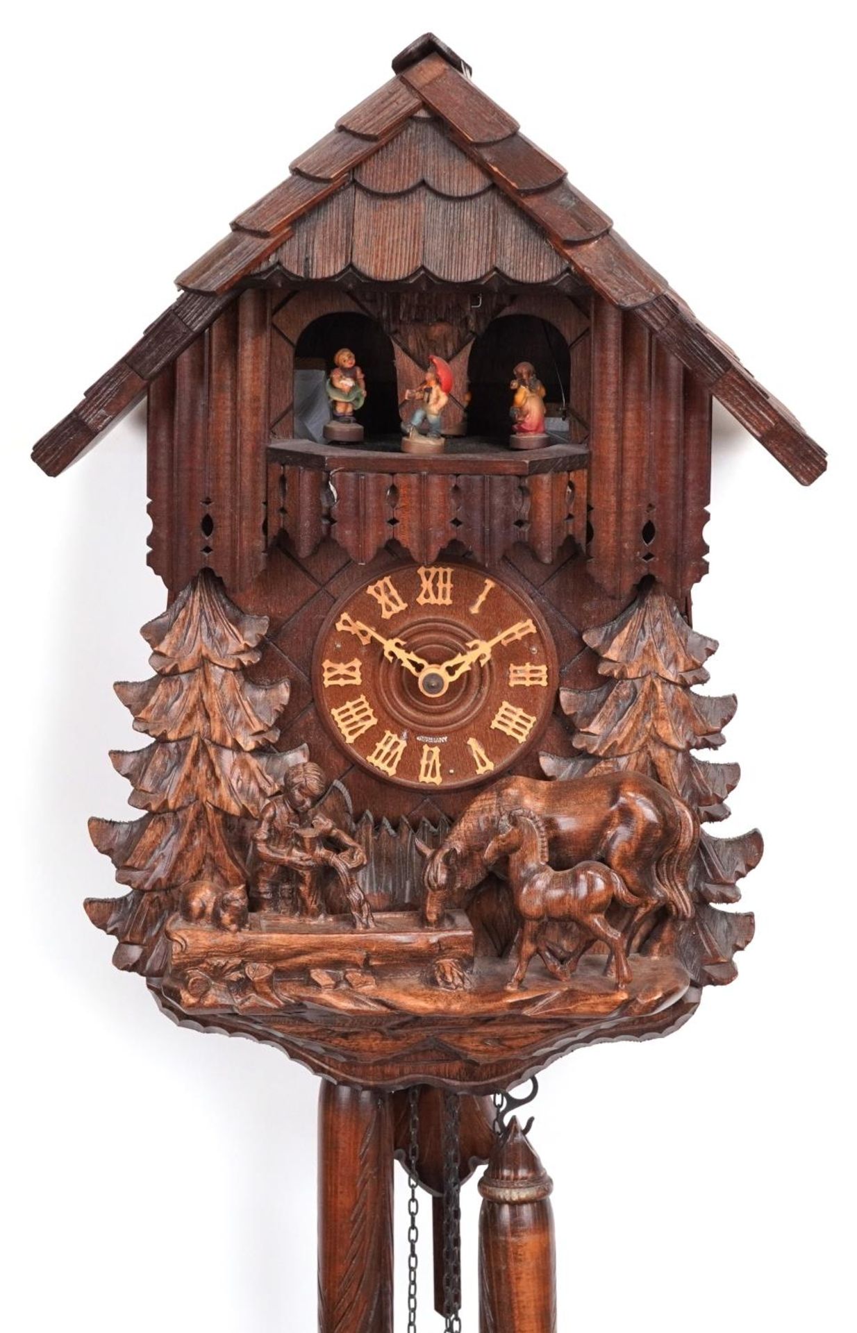 German Black Forest wall clock carved with a farrier beside horse and foal, 36cm high - Image 2 of 5