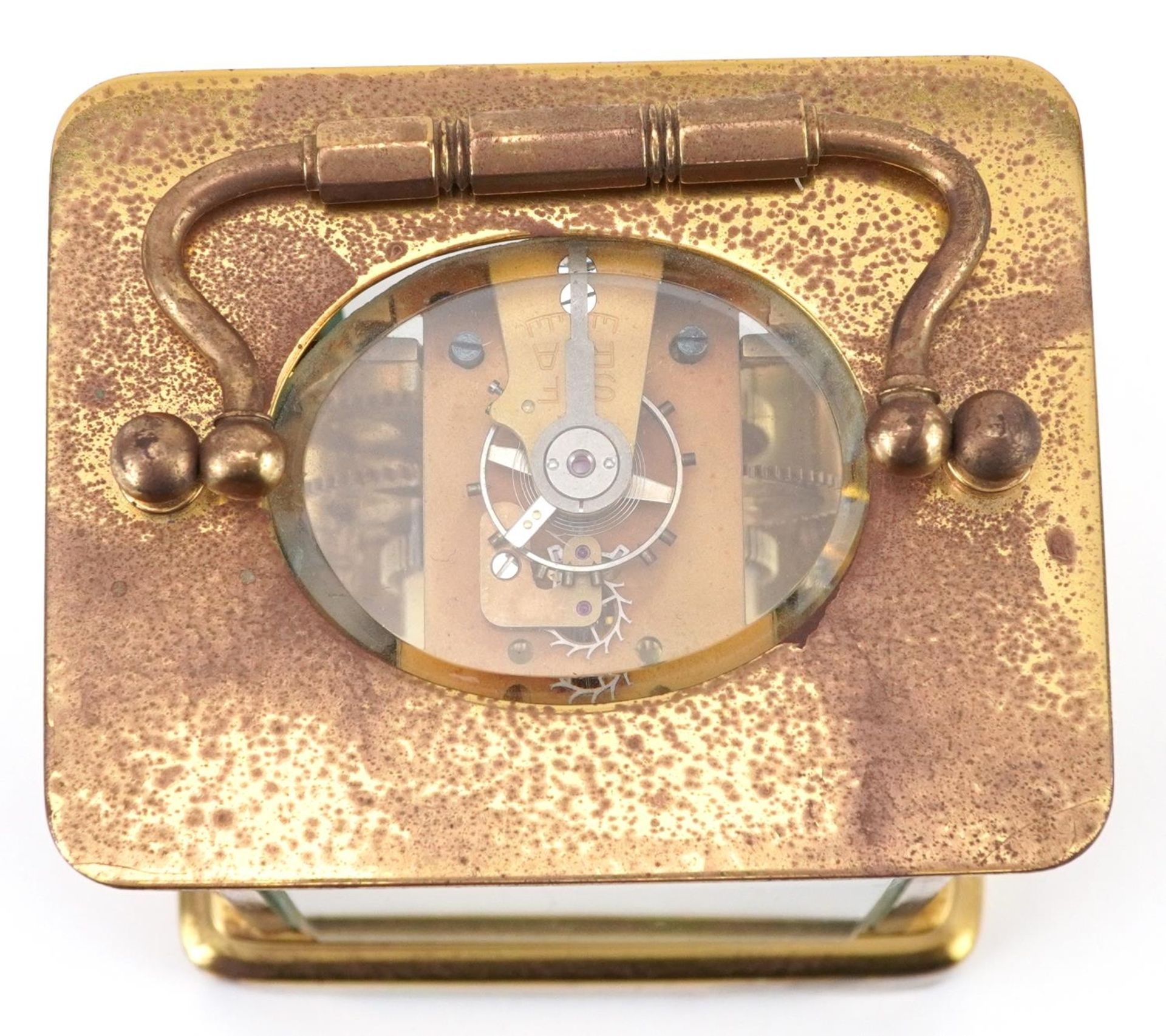 French brass cased carriage clock with enamelled dial having Roman numerals and an Edinburgh Crystal - Image 4 of 5
