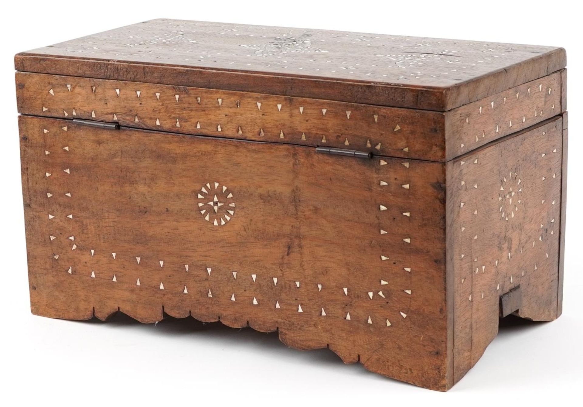Asian hardwood trunk with mother of pearl foliate inlay, 25.5cm high, 45.5cm W x 24cm D - Image 3 of 4