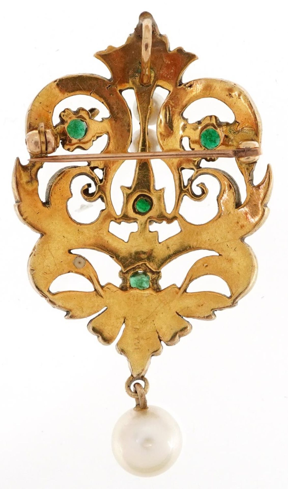 Antique European 14K gold Belle Epoque emerald, seed pearl and cultured pearl pendant brooch, 5cm - Image 2 of 3