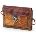 19th century Moroccan tooled leather and blond tortoiseshell concertina purse with steel lock,