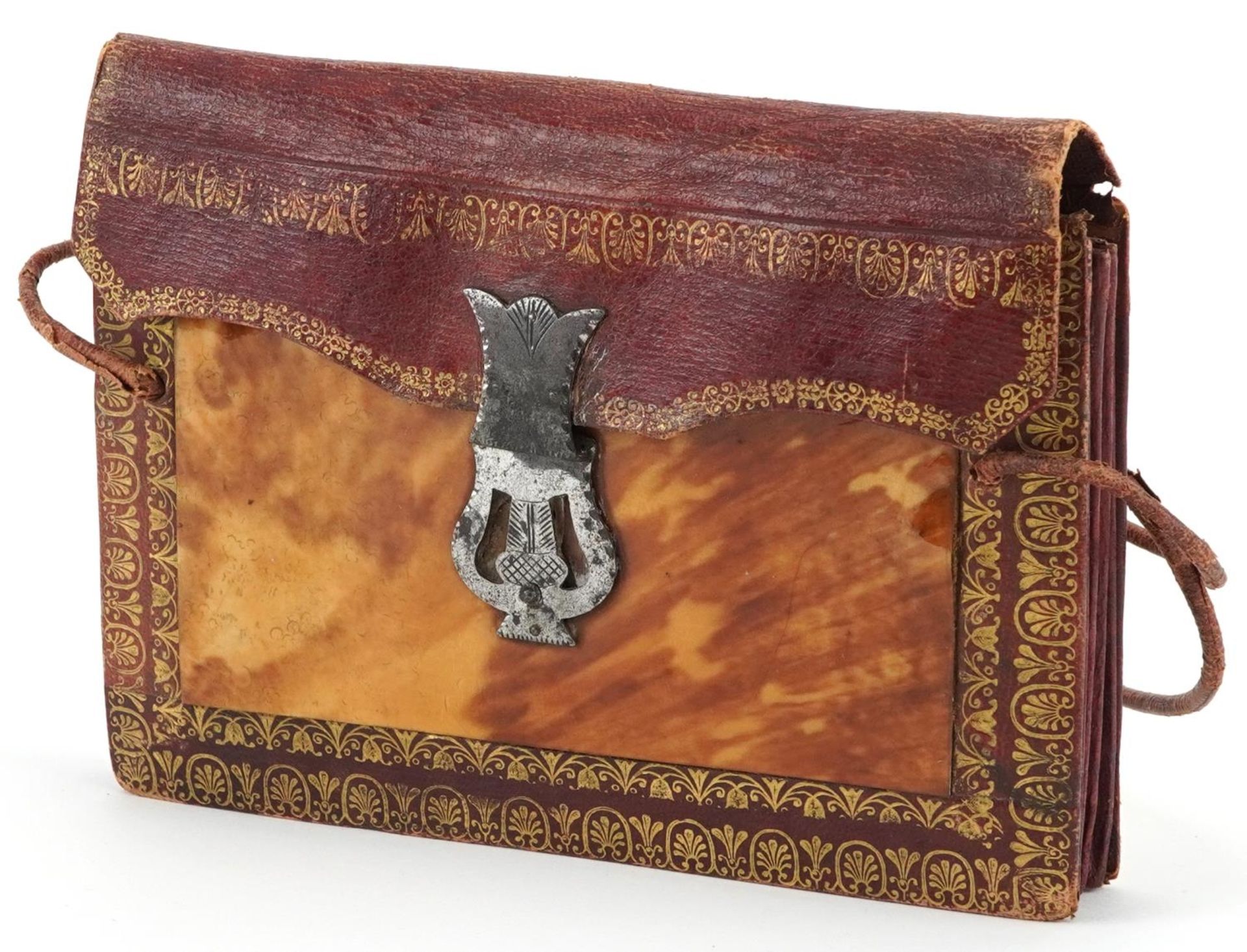 19th century Moroccan tooled leather and blond tortoiseshell concertina purse with steel lock,
