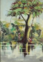 Villagers with spears beside water, African school oil on canvas, framed, 47cm x 33cm excluding
