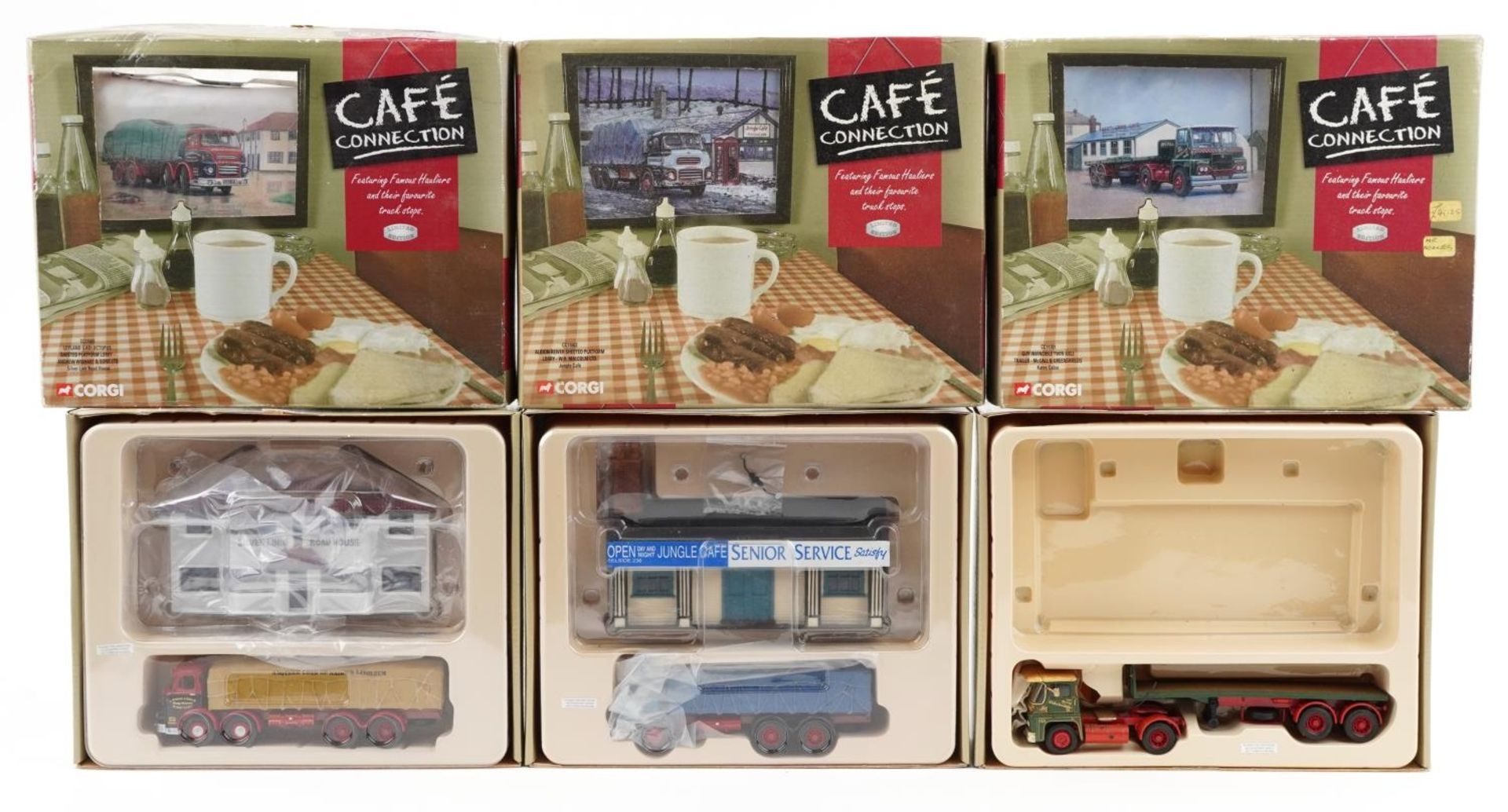 Three Corgi Cafe Connection diecast model sets, two with dioramas