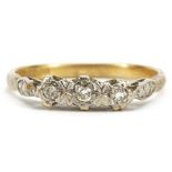 18ct gold diamond three stone ring, size P/Q, 2.8g