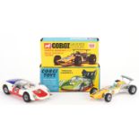 Two vintage Corgi Toys diecast racing vehicles with boxes comprising Porsche Carrera 6 330 and
