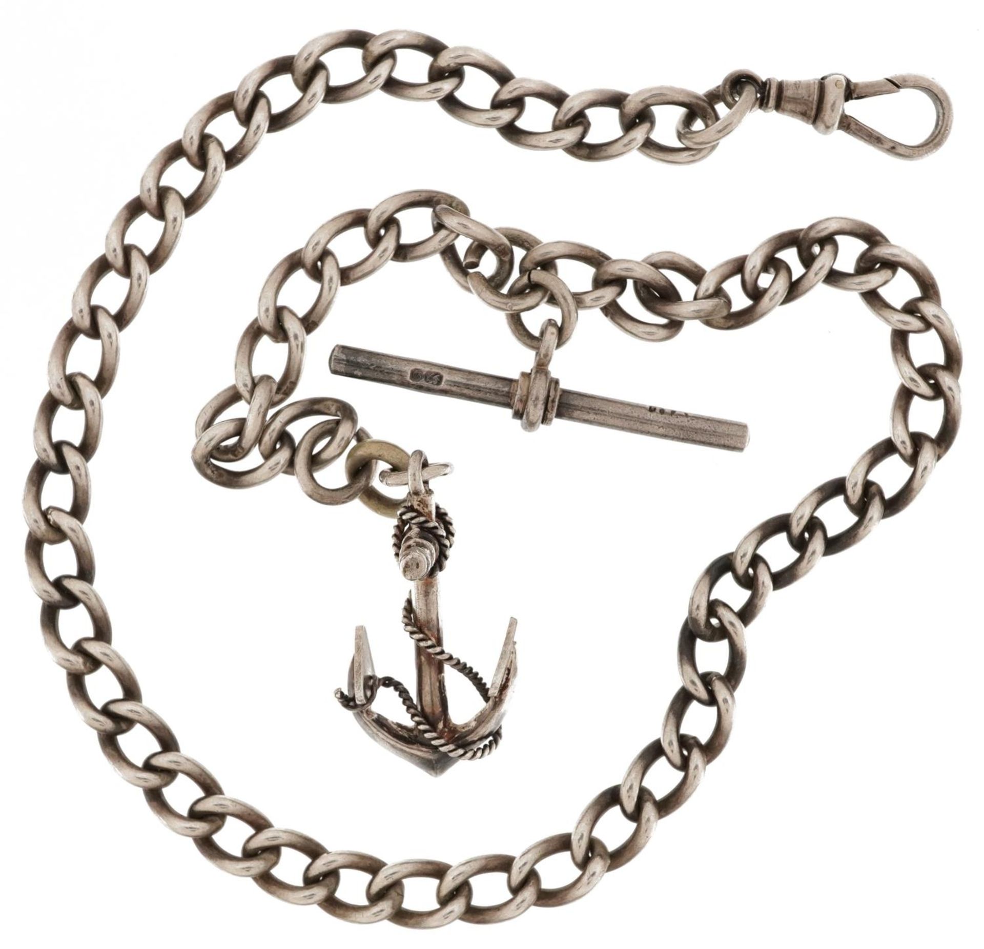 Gentlemen's silver watch chain with T bar, dog clip clasp and anchor pendant, 35cm in length, 35.0g - Bild 2 aus 3