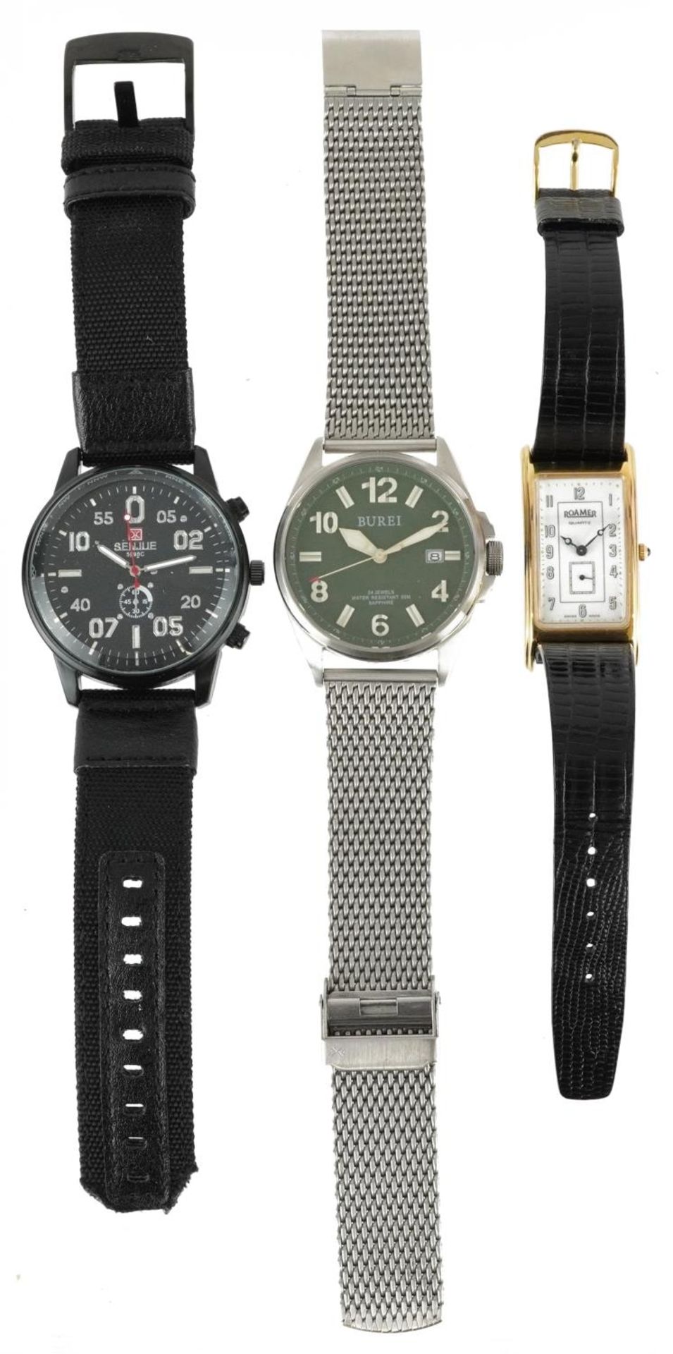 Three gentlemen's wristwatches comprising an automatic Burie, Senjue and Roamer, the largest 44mm in - Image 2 of 3