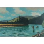 Roy Nockolds - Gentleman fly fishing before mountains, pencil signed print in colour with embossed