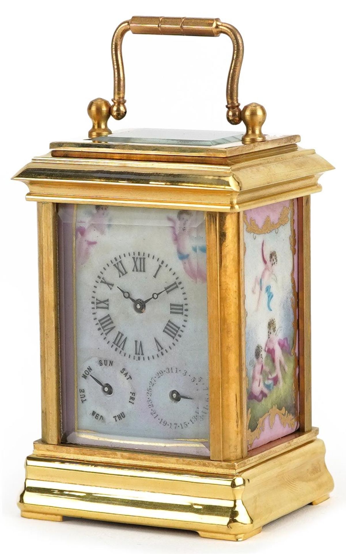 Miniature brass cased carriage clock with swing handle and Sevres style panels hand painted with
