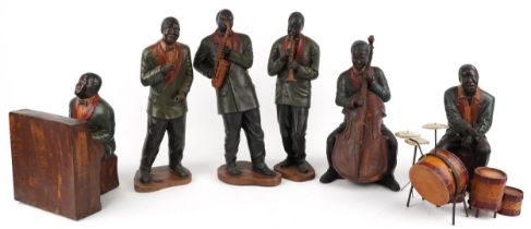 Large vintage hand painted fibreglass five piece jazz band including drummer and pianist, 55cm high