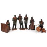 Large vintage hand painted fibreglass five piece jazz band including drummer and pianist, 55cm high