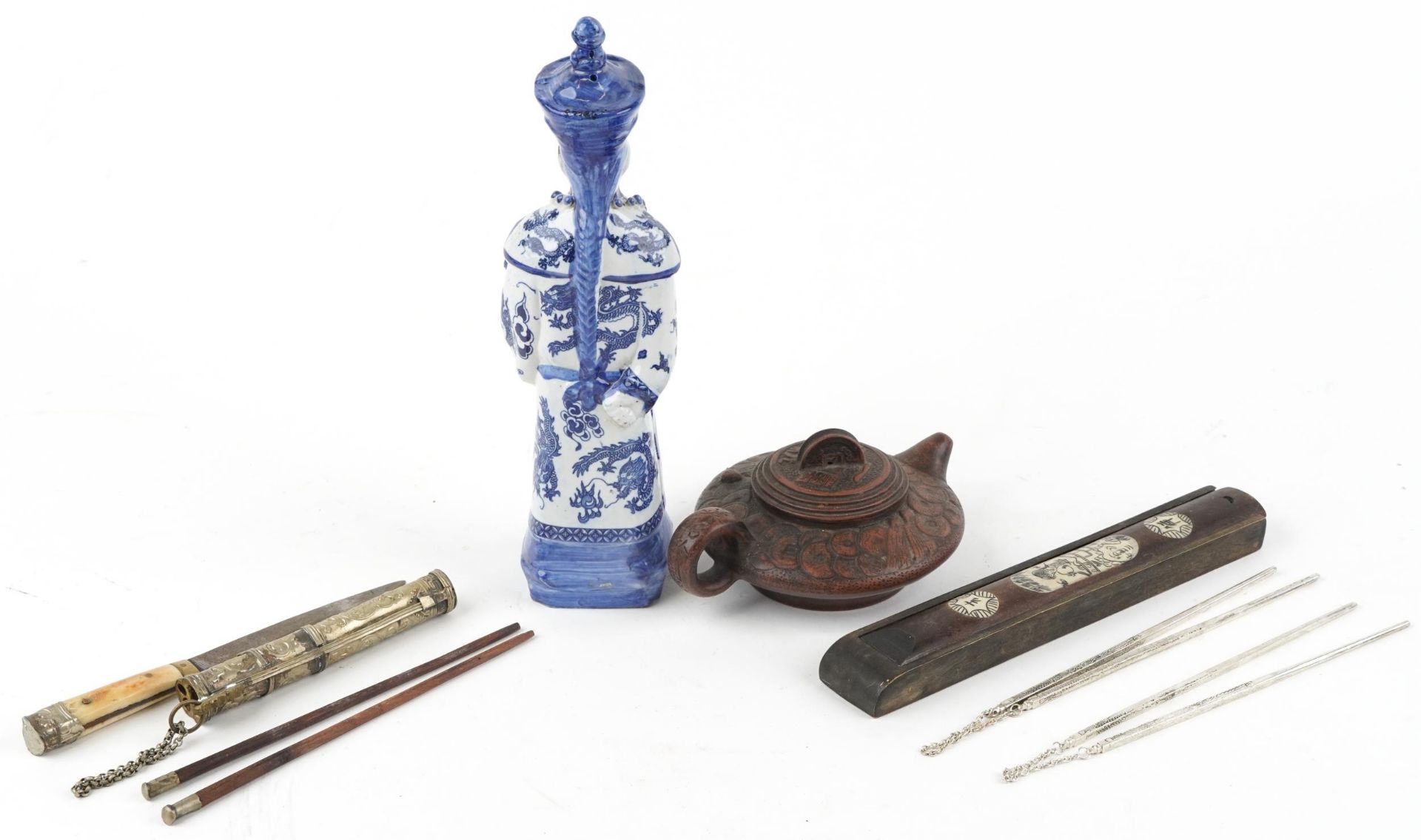 Chinese sundry items including a blue and white porcelain emperor and two pairs of white metal - Image 5 of 7