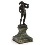 Antique patinated bronze statue of drunken Hercules raised on a square green marble base, 13.5cm