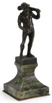 Antique patinated bronze statue of drunken Hercules raised on a square green marble base, 13.5cm