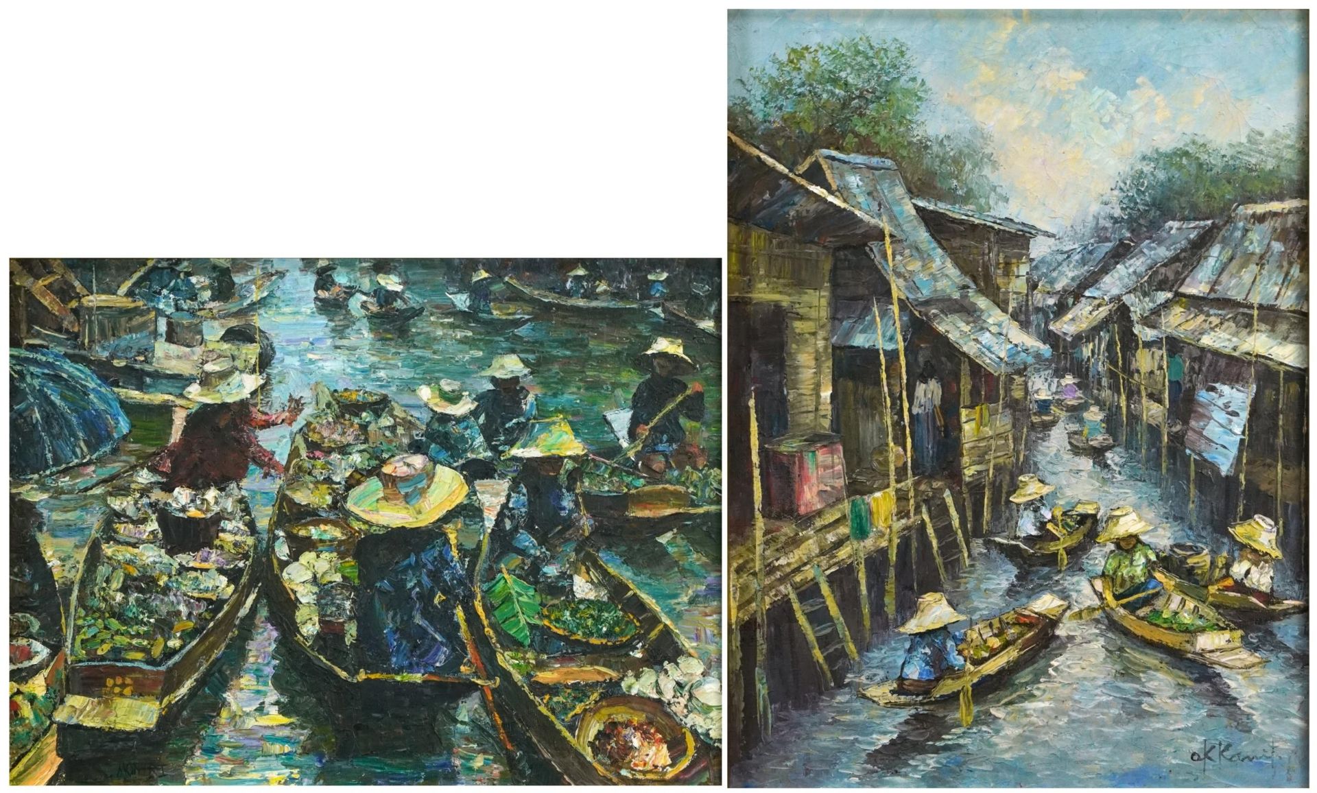 Figures in boats with huts, matched pair of Thai school impressionist oil on canvases, both
