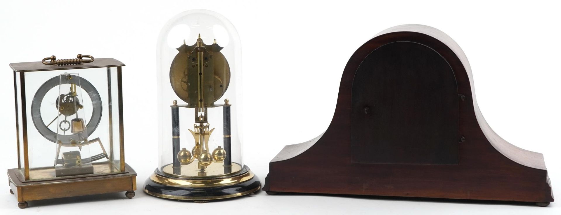 Three clocks comprising a Napoleon hat shaped inlaid mahogany mantle, Kundo electronic and German - Image 2 of 6