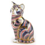 Royal Crown Derby paperweight in the form of a cat with gold coloured stopper, 12.5cm high