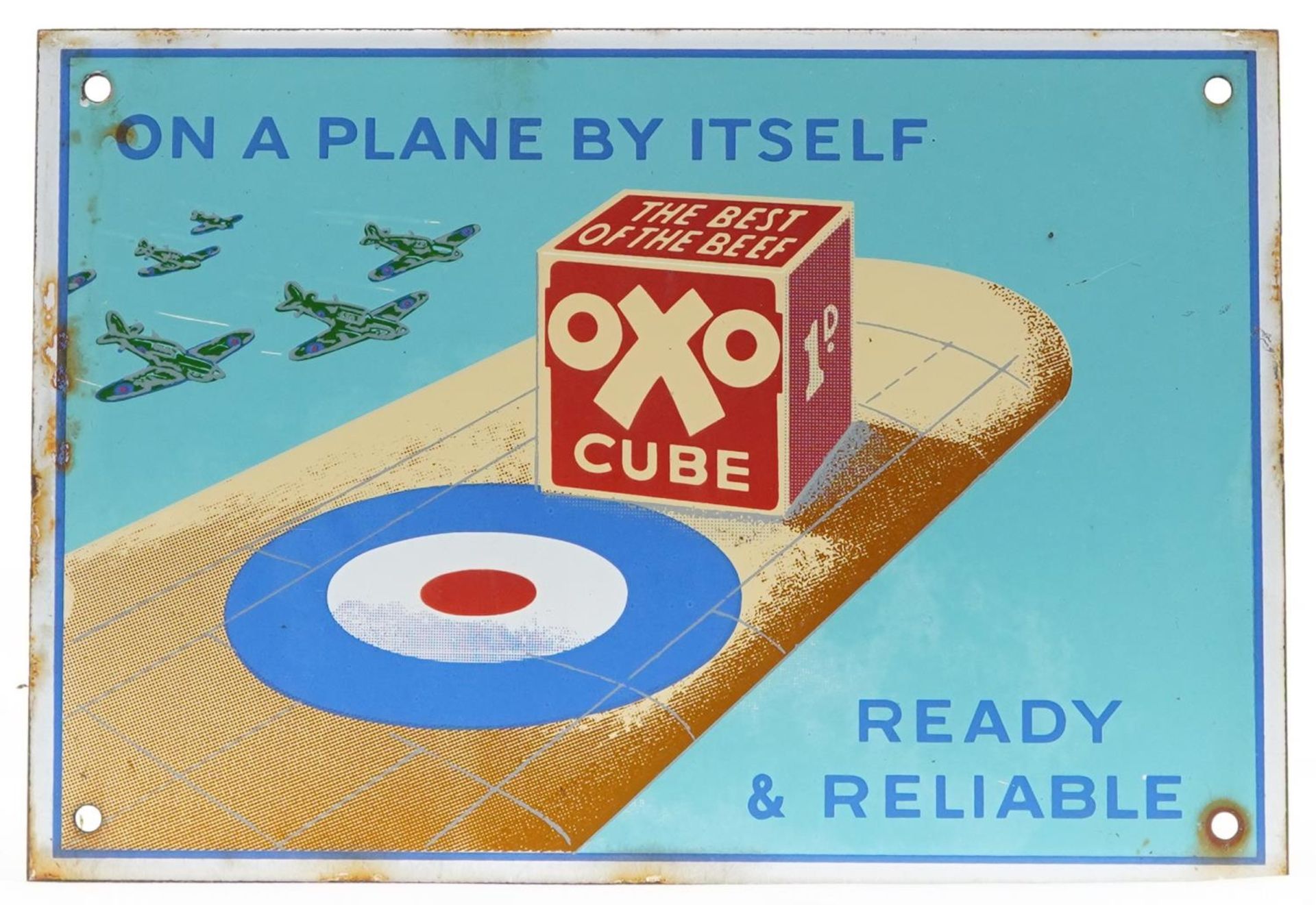 Military interest Oxo Cube propaganda enamel advertising sign inscribed On a Plane by Itself,