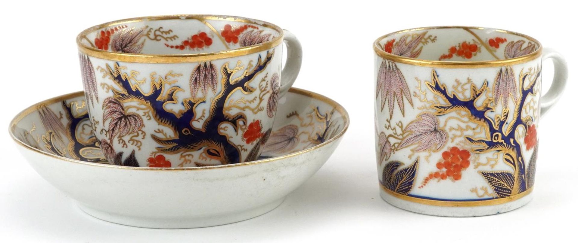 19th century English teaware hand painted in the Imari palette with flowers comprising coffee can