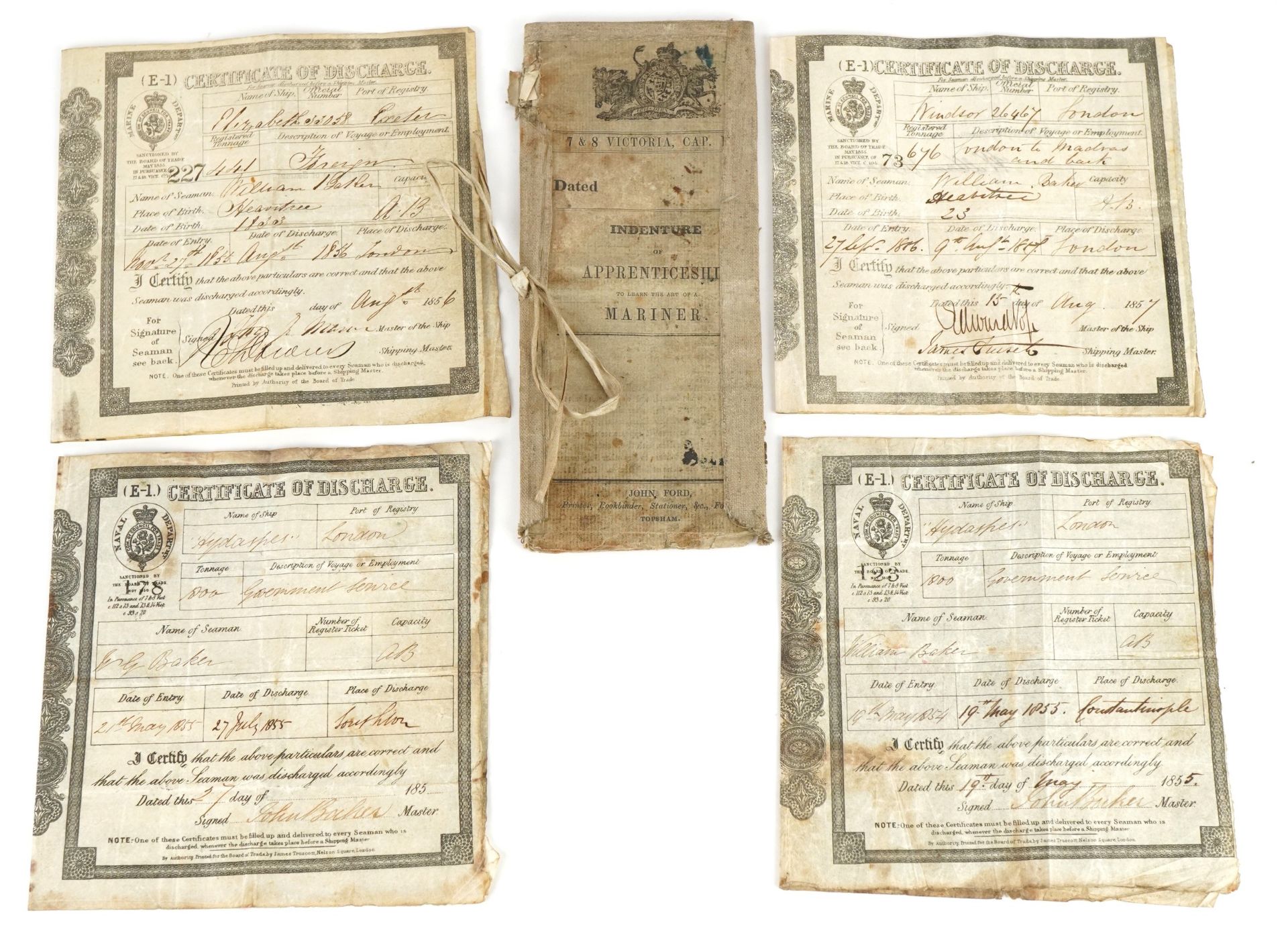Victorian naval ephemera comprising Indenture of Apprenticeship Mariner and four Certificates of