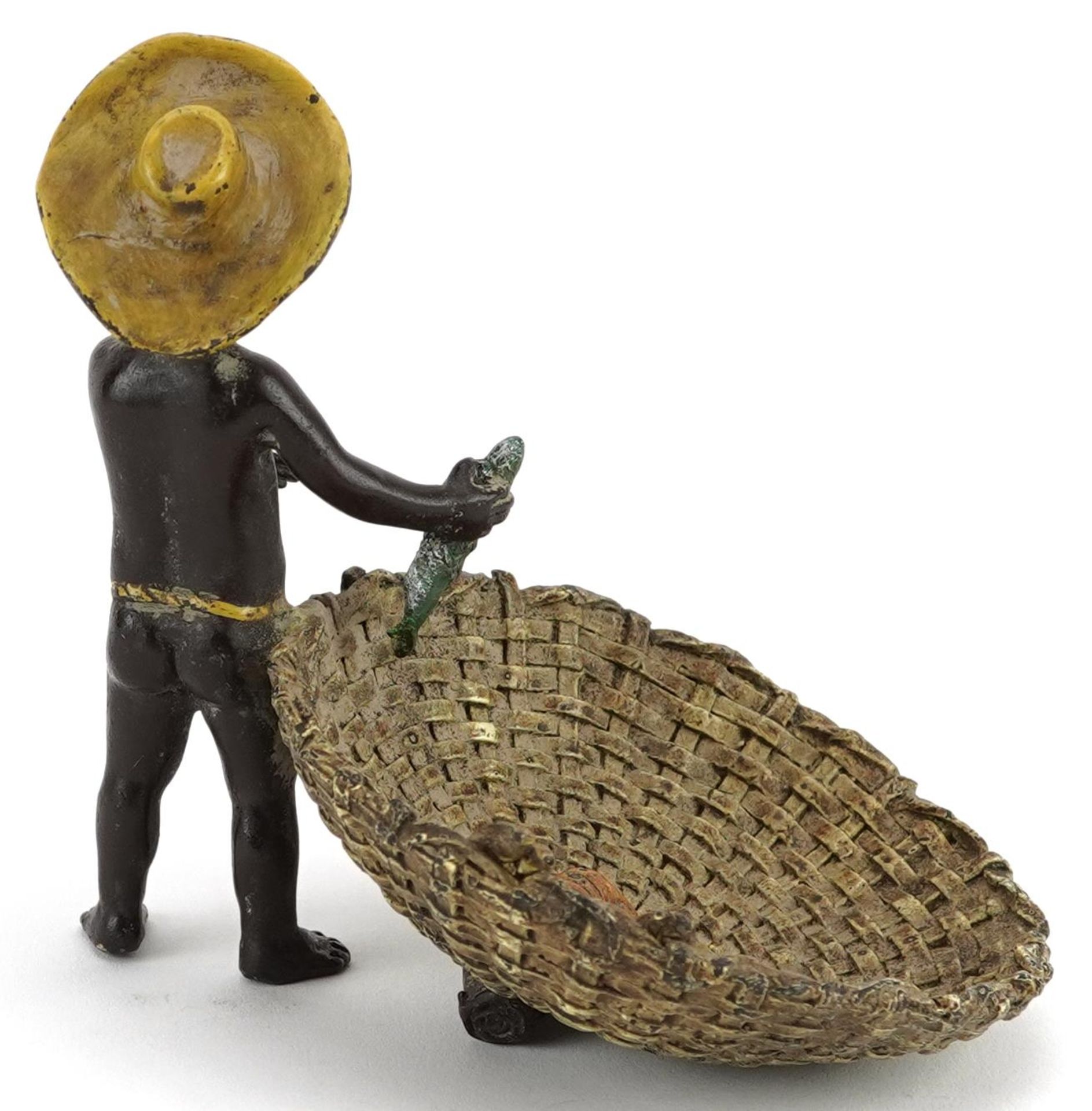Austrian style cold painted bronze model of a boy holding a fish beside a basket with lobster, - Image 2 of 3