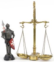 Pair of Victorian style brass pan scales with dolphins and a Maltese sculpture of a Knight, the