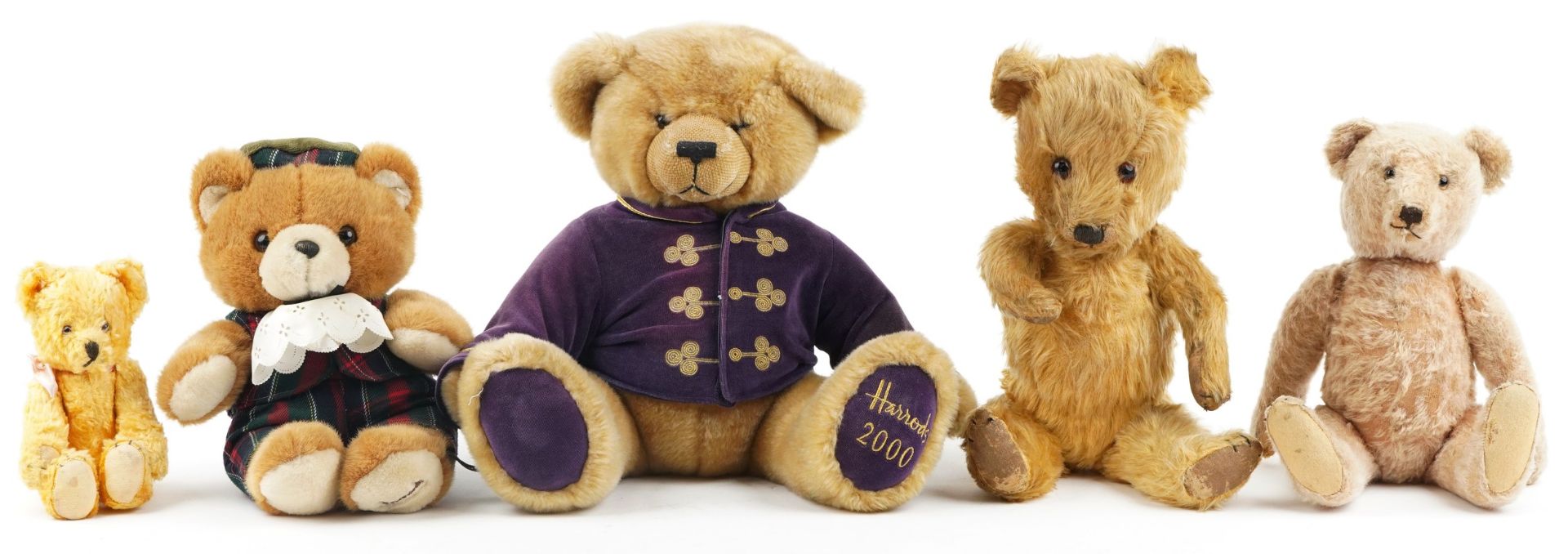 Five vintage and later teddy bears comprising three with jointed limbs and two Harrods examples, the