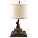Steampunk hardwood table lamp with shade, rifle butt and bronzed casket, 74.5cm high