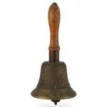 British military ARP Civil Defence bell with turned wooden handle, 26.5cm high