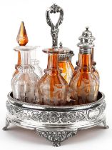 William Evans, Victorian silver six bottle cruet stand with six cut glass bottles including four