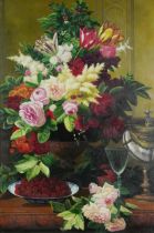 Still life flowers, fruit and vessels, oil on board, framed, 75cm x 49.5cm excluding the frame