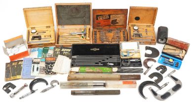 Vintage and later precision tools and charts including tap & die sets, micrometers and depth gauges