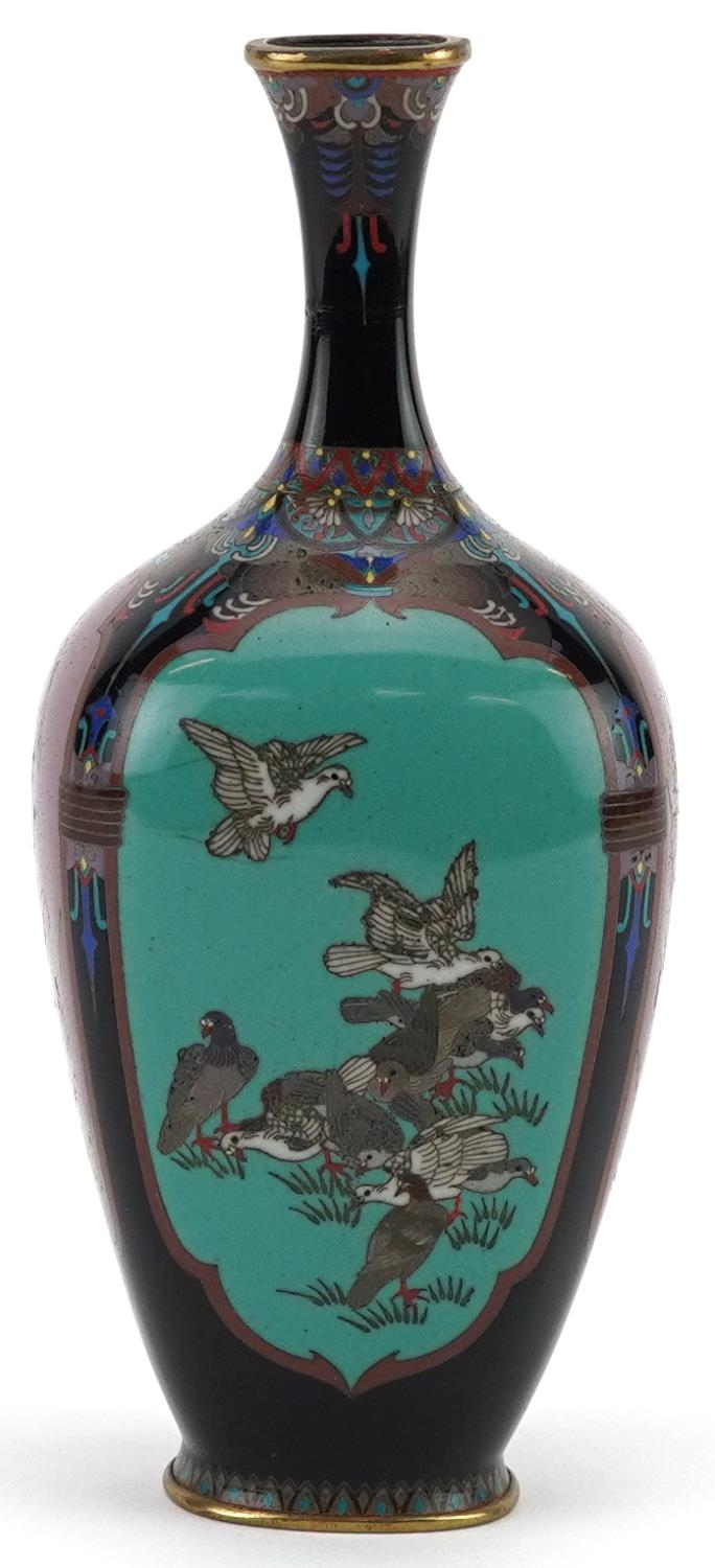 Japanese cloisonne vase enamelled with panels of birds and flowers, 15.5cm high - Image 2 of 7