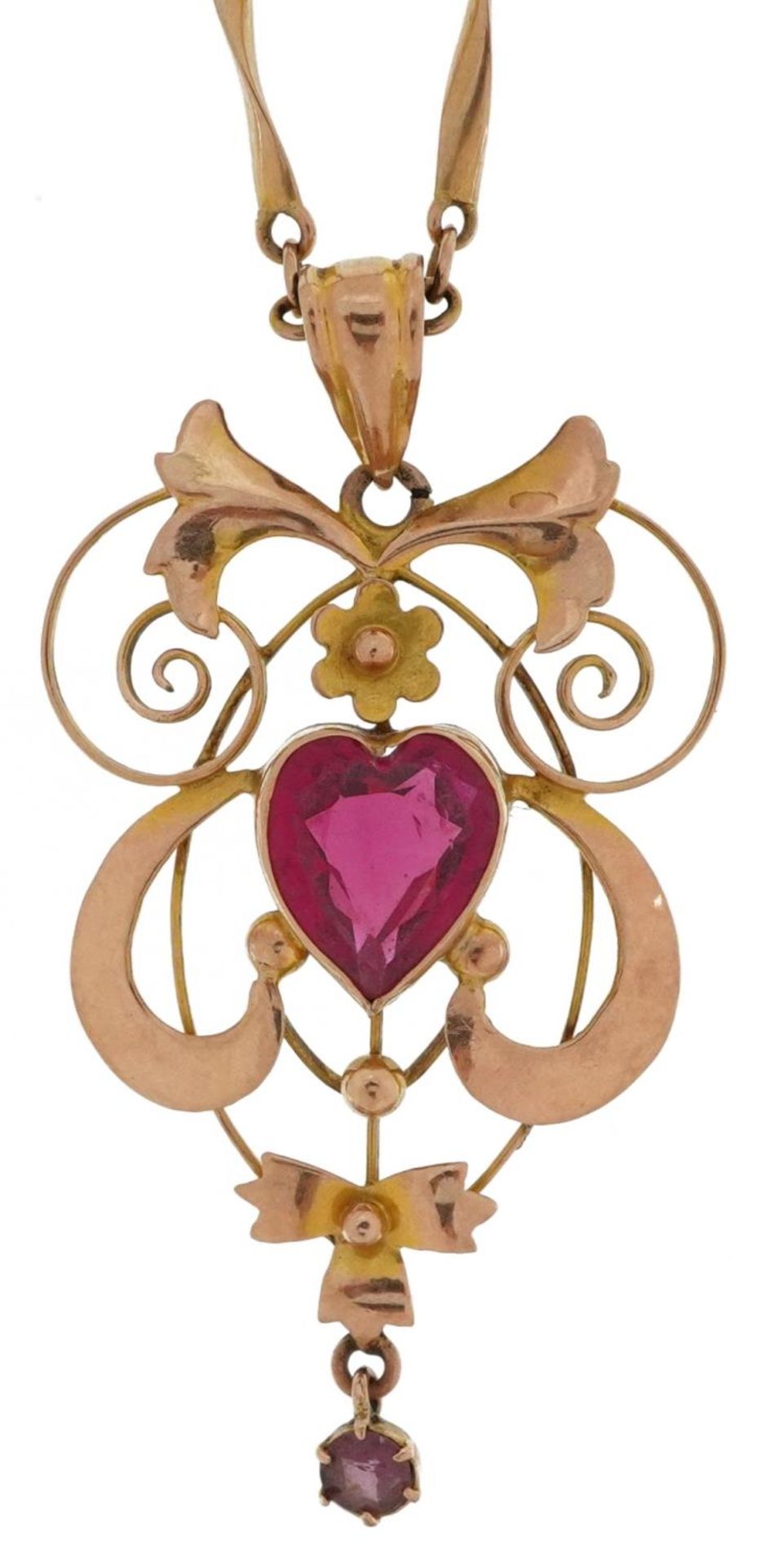 Art Nouveau 9ct gold love heart garnet openwork pendant on a 9ct gold ball and bar link necklace,