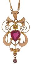 Art Nouveau 9ct gold love heart garnet openwork pendant on a 9ct gold ball and bar link necklace,