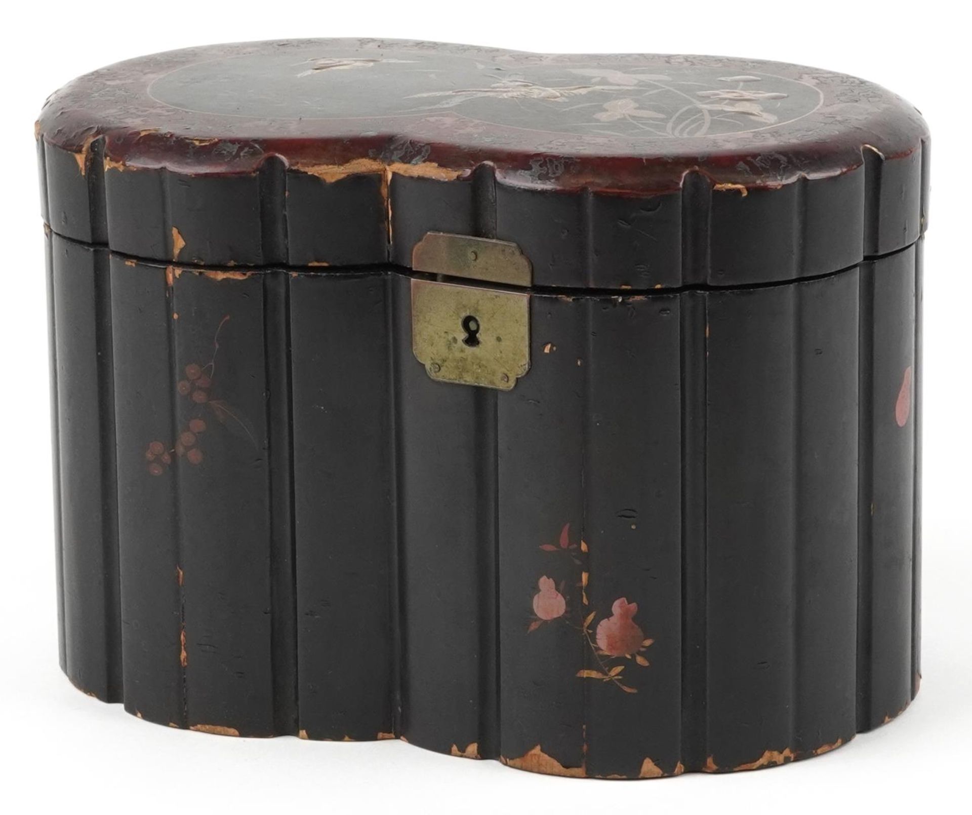 Japanese lacquered tea caddy with twin divisional interior gilded with birds amongst aquatic plants,